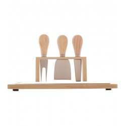 Jogo Para Queijo Tabua De Bambu E Cerâmica Com 3 Utensílios De Aço Inox E Cabo De Bambu Cheese Desig